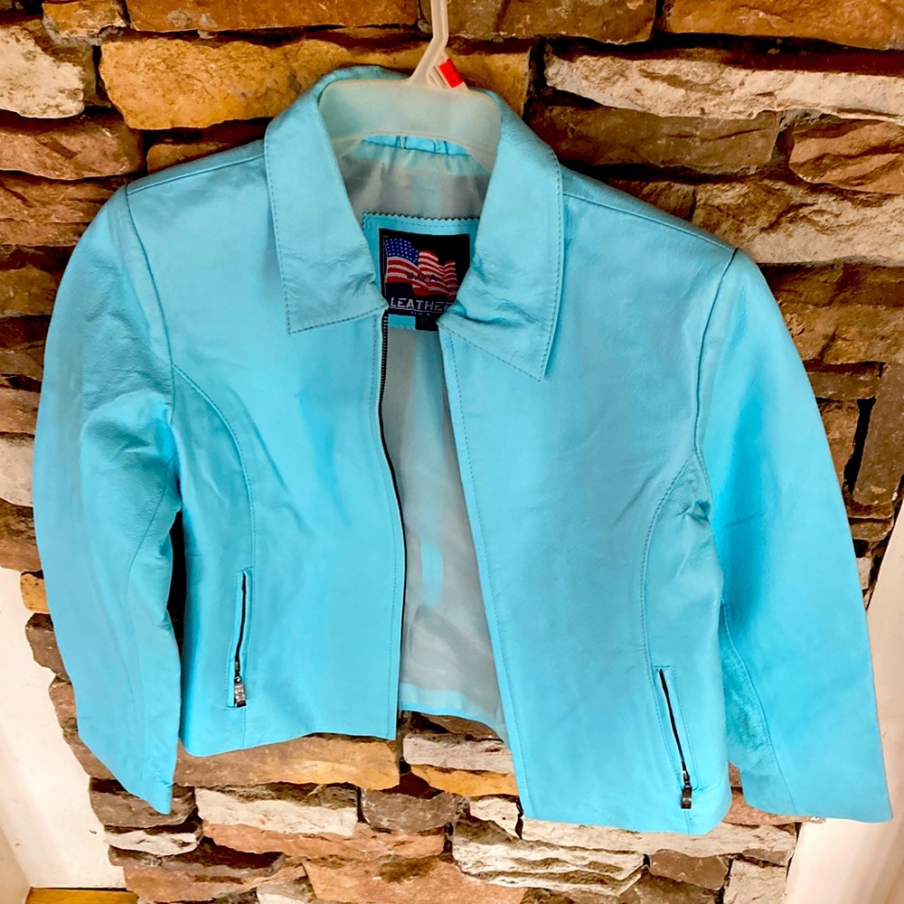 Sky blue Leather USA Jacket